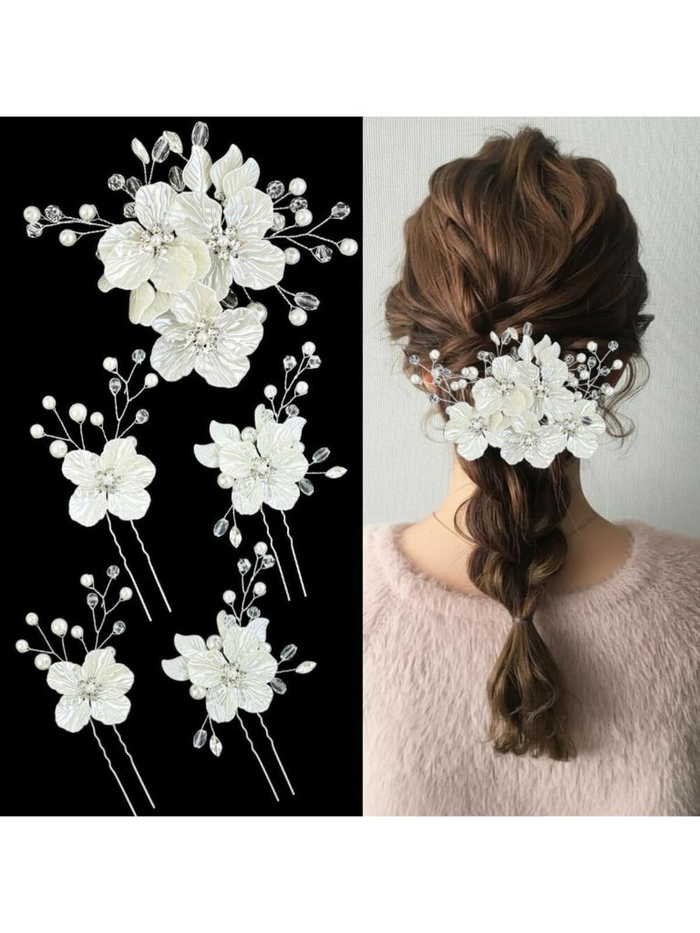 5 PCS Large Flower Wedding Hair Pins - Crystal Pearl Headpiece Clips for Brides